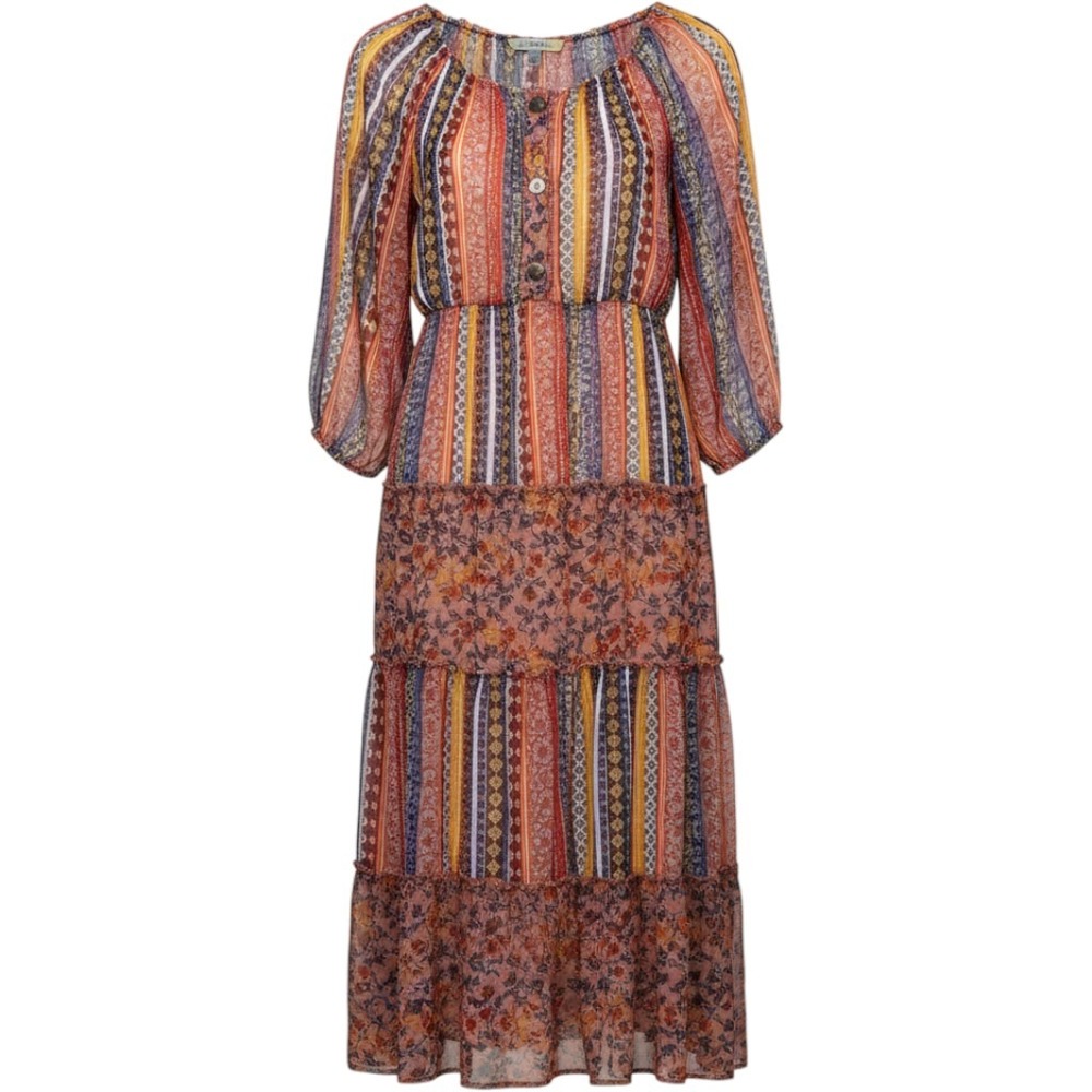 Figueroa & Flower Midi Dress Sz XL Smocked Tiered Floral Striped Boho Peasant